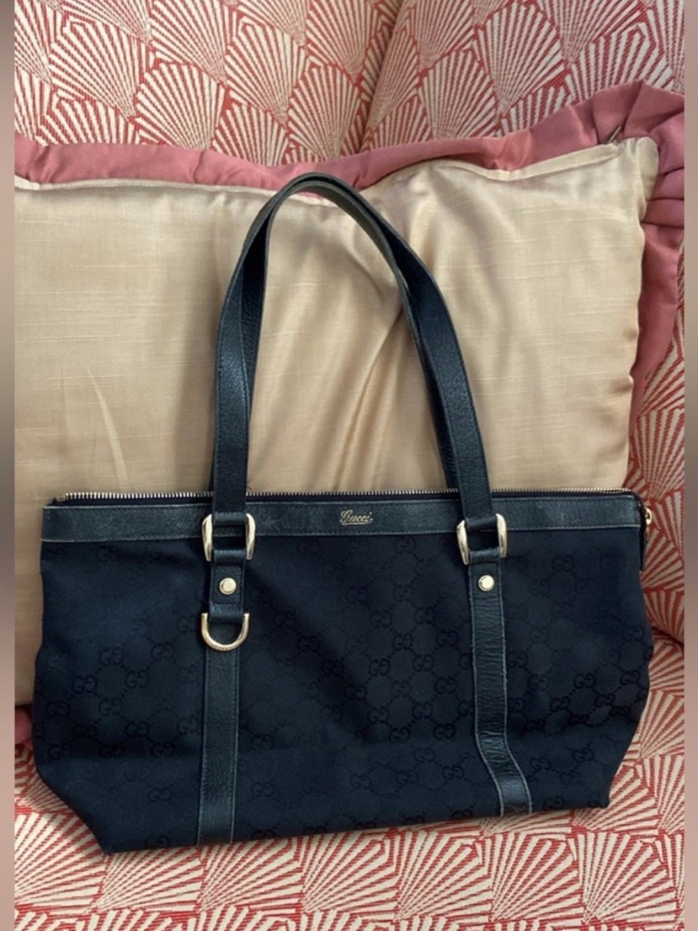 Gucci Black GG Canvas Tote with Leather Straps